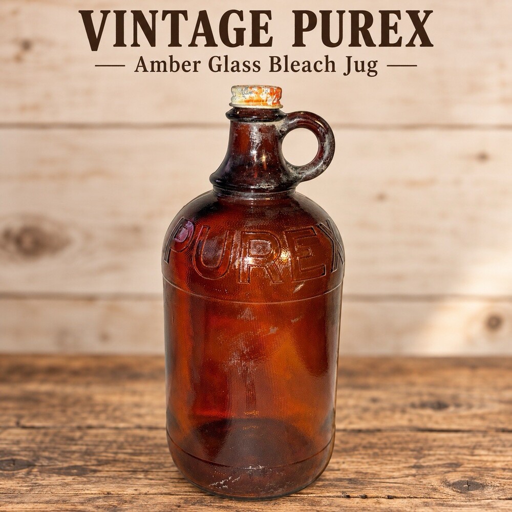 Vintage PUREX Amber Brown Glass Bleach Jug Bottle Finger Handle Metal Cap 11”